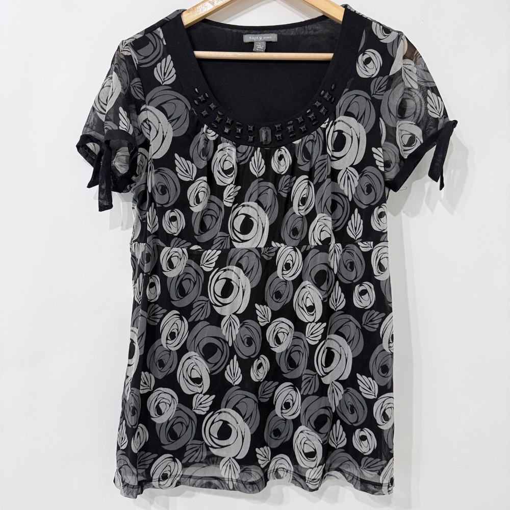 Apt 9 Rose Print Embellished Mesh Top Women Large Black Gray Floral Fairy Grunge